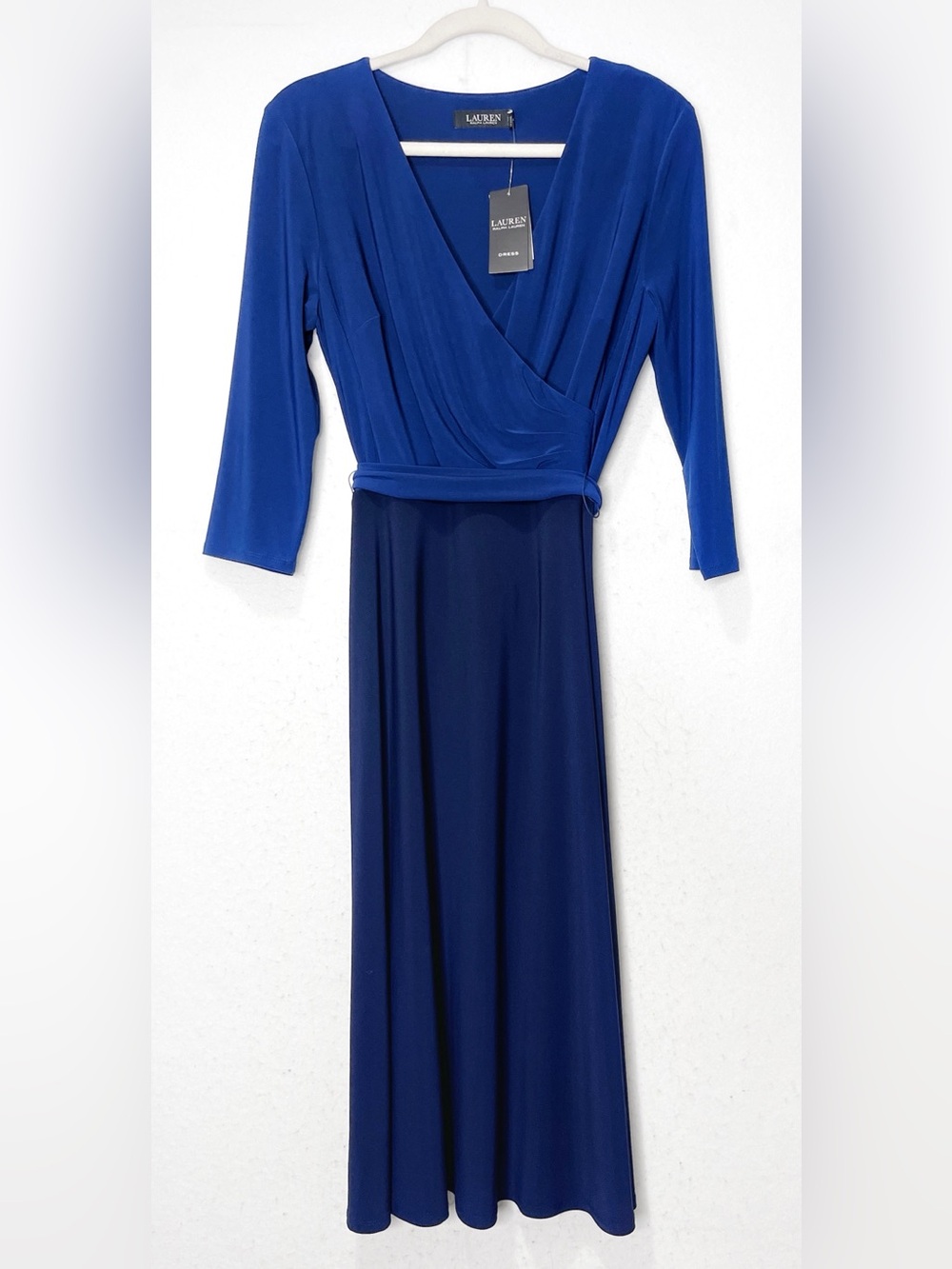 Lauren Ralph Lauren Surplice Navy Royal Two-Tone Wrap Midi Dress Size 10 NWT
